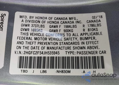 2018 Honda Civic Lx z USA, uszkodzony, nr VIN 2HGFC2F54JH535945